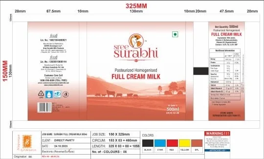 Print artwork for Sree Surabhi pasteurised homogenised full cream milk 500 ml pouch showing nutritional panel and cattle illustration