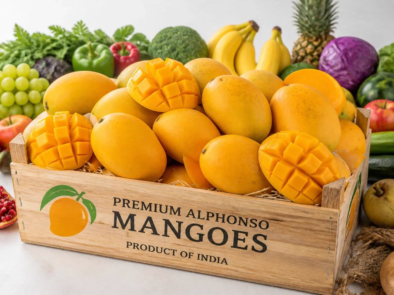Crate of premium Indian Alphonso mangoes with sliced mango cheeks, surrounded by fresh fruits and vegetables